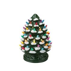 a small christmas tree with multicolored lights on it's top and bottom