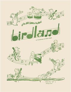 an old poster with birds and musical instruments on it's back cover, in green ink