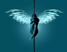 a woman is hanging upside down on a pole with angel wings flying around her head