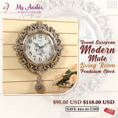 Modern Clock European Modern, Pendulum Clock, Modern European, Clock Face, Bronze Color, Quartz Movement, Antique Silver