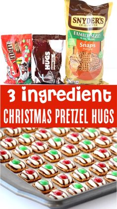 three ingredients for christmas pretzel hugs on a baking sheet with text overlay