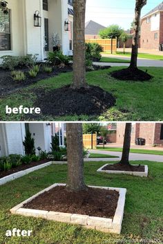 before and after pictures of landscaping in front of a house