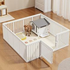 a small dog house with a puppy standing in it's doorway and looking down at the floor