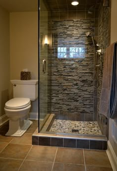 a bathroom with a walk in shower next to a toilet