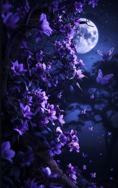 purple flowers and butterflies in front of a full moon