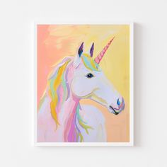 an acrylic painting of a unicorn's head with a pink mane and yellow background