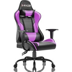 a black and purple office chair with wheels