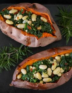 Savory stuffed sweet potatoes with white beans and kale from The Kitchn White Beans And Kale, Beans And Kale, Sweet Potato Kale, Kale Recipes, Vegan Sweet Potato, Supper Recipes, White Bean