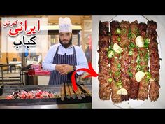 a man standing in front of a grill with meat on it and an image of food being