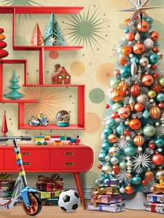 Mid-Century Modern Christmas Photography Backdrop - Mid-century modern Christmas scene with a decorated tree