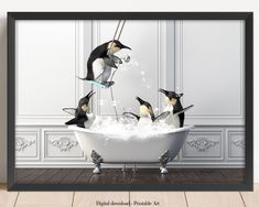 three penguins in a bathtub with bubbles and water coming out of the tub,