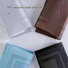 four different colored bags sitting next to each other on top of a white table with the words pvg wear resistant and soft