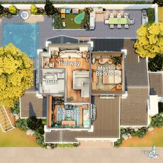 an aerial view of a house with pool and hot tub