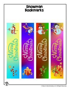 the snowman bookmarks are lined up in different colors and designs, with presents on them