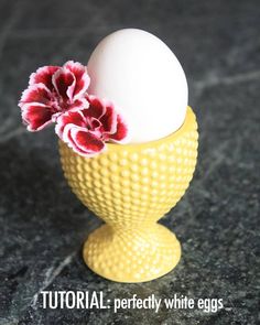 an egg sitting in a yellow vase with a red flower on it's head