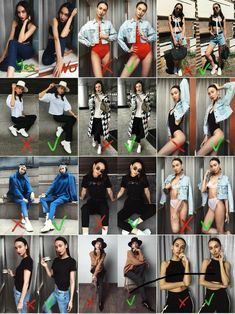 many different pictures of people posing for the camera with their hands on their hipss