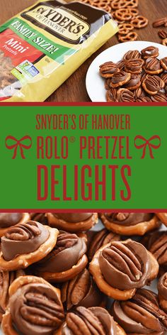 several different types of pretzels on a table with text overlay that reads, swyer's of handover rolo pretzel delights