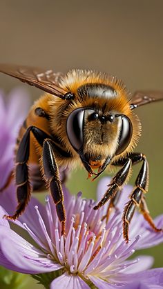 a bee sitting on top of a purple flower