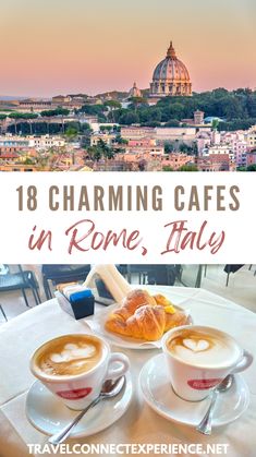 two cups of cappuccino on a table with the view of rome in the background