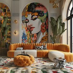 a living room filled with furniture and paintings on the wall