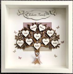 a family tree with hearts on it in a shadow box