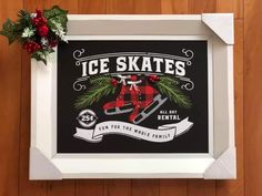 an ice skates sign hanging on the side of a wall