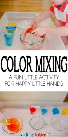 a toddler playing with colored mixing in a bowl and on the table is an image of