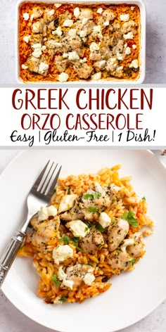 greek chicken orzo casserole is an easy, gluten - free one dish dinner