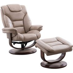 the reclining chair and ottoman are both beige