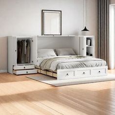 a white bed sitting on top of a hard wood floor next to a wooden dresser