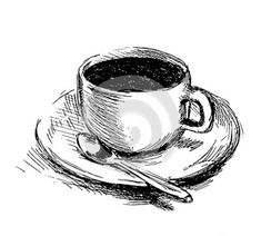 a coffee cup and saucer with spoons on a plate, hand drawn sketch