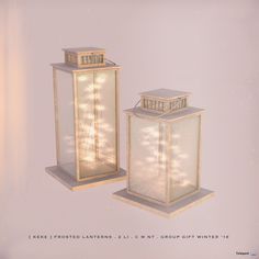 two white lanterns with lights on them against a light purple background that says, there is frosted lanterners in front of it