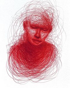 a drawing of a woman's head with red hair in the shape of a circle