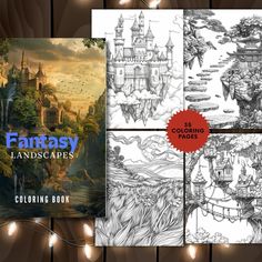 the fantasy landscape coloring book is shown in four different styles and colors, with lights around it