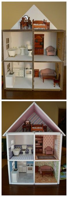 the doll house is made up to look like it has been built