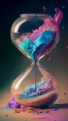 an hourglass with colorful liquid pouring out of it and the sand running through it