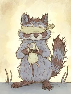 a drawing of a raccoon holding a mouse