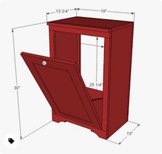 an image of a red cabinet with measurements for the door and side panels on it