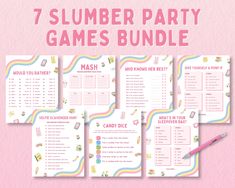 the 7 slumber party games bundle is shown on a pink background with text that reads,