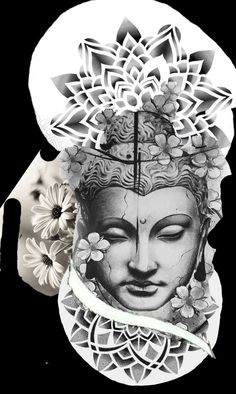 a black and white photo of a buddha statue with flowers on it's head