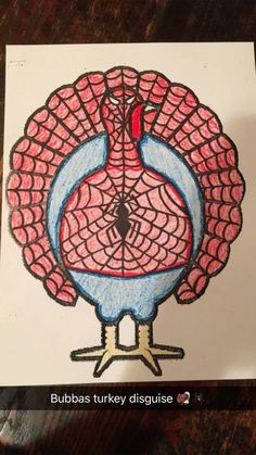 a drawing of a turkey with red and blue feathers