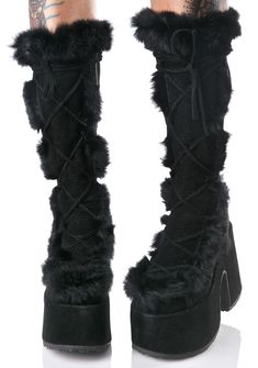 Demonia Vigilance Platform Boots ...when yer enemies appear, yer already 10 steps ahead, babe. These sikk boots feature a luxxxurious black vegan suede construction, chunky covered platform ‘N heel, full length lace-ups, plush fluffy black trim around the leg opening and down the front, and side zip closures. Boots Shoes Women, Edgy Boots, Trendy Winter Fashion, Goth Shoes, Goth Boots, Gothic Boots, Punk Shoes, Cosplay Boots, Punk Boots