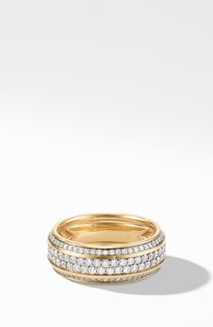 18k yellow gold. Pavé diamonds, 2.01 total ct. weight. Imported. Style Name:David Yurman Beveled 18K Gold Band Ring With Pavé Diamonds. Style Number: 5671248. Gold And Diamond Rings, Diamond Guide, Gold Band Ring, David Yurman, Gold Band, Pave Diamonds, Gold Bands, Band Ring, Diamond Rings