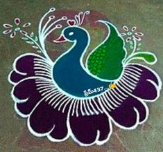 the peacock is painted on the ground with purple and green flowers in its beaks