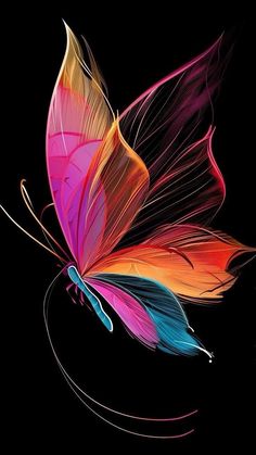 a colorful butterfly flying through the air on a black background with white and red lines