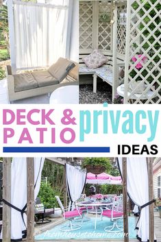 an outdoor patio and privacy area is featured in this advertisement for deck and privacy ideas