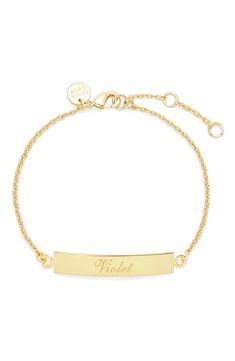 Timeless monogram etching makes this elegant, American-made bar bracelet a meaningful gift. 6" length; 1" extender Lobster clasp closure 14k-gold plate Made in the USA Name Plate Bracelet Gold, Gold Bracelet Ideas For Women, Gold Bracelet With Name, Newborn Bracelet, Name Bracelet Gold, Gold Name Bracelet, Personalized Gold Bracelet, Gold Bar Bracelet, Petite Earrings