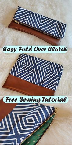 three images showing how to make a zippered clutch bag with free sewing pattern and instructions