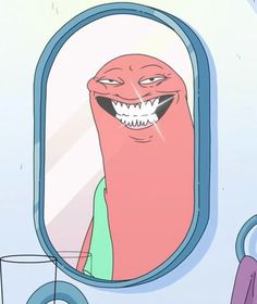 a cartoon character is looking at himself in the mirror with his mouth open and teeth out