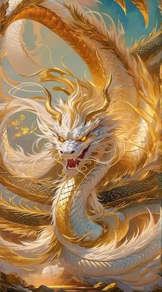 a painting of a white dragon with gold feathers on it's head and tail